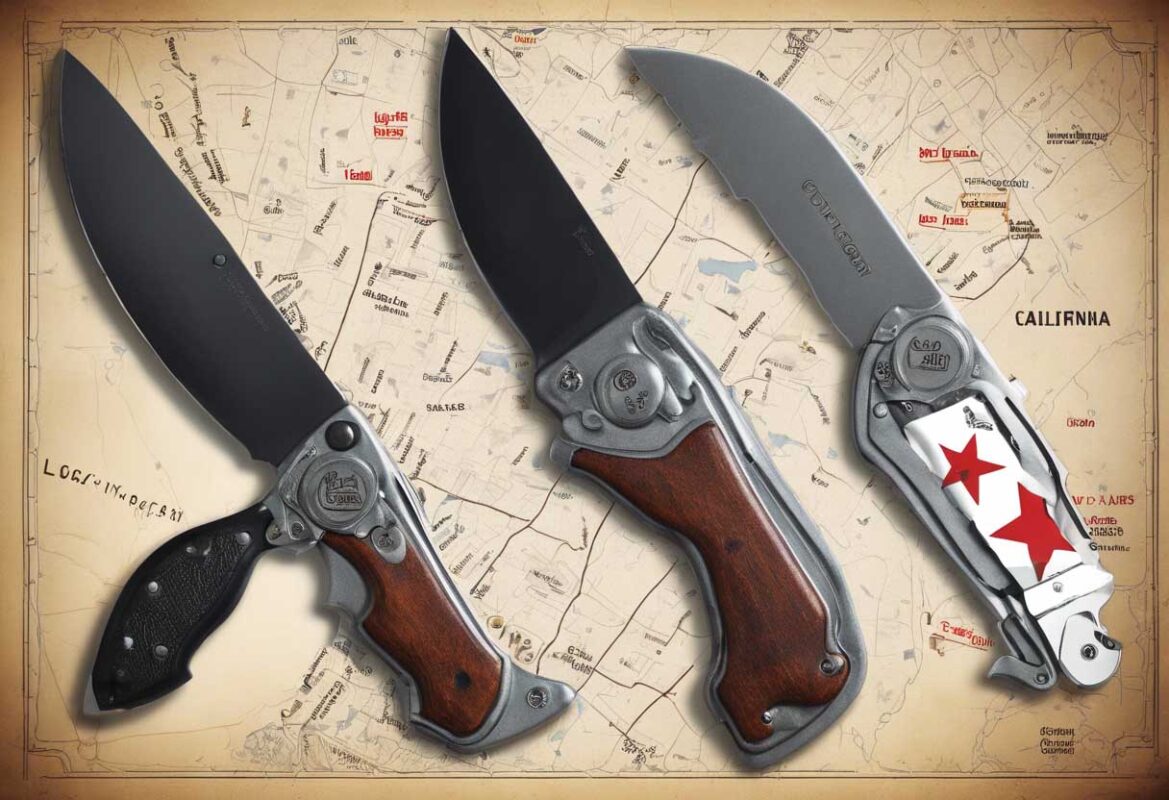 legal and illegal knives in California, including a folding knife under 2 inches, a fixed-blade knife in a sheath, and a prohibited switchblade over 2 inches