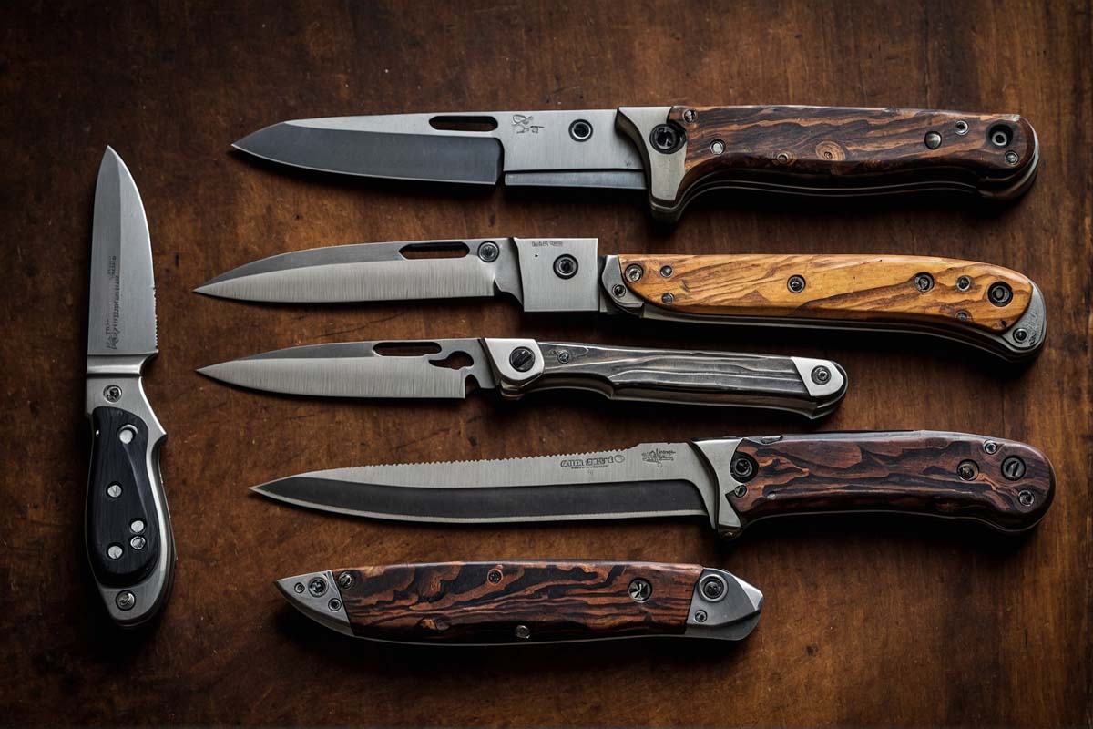Collection of common knives including pocket, multi tool, and utility knives on wooden background