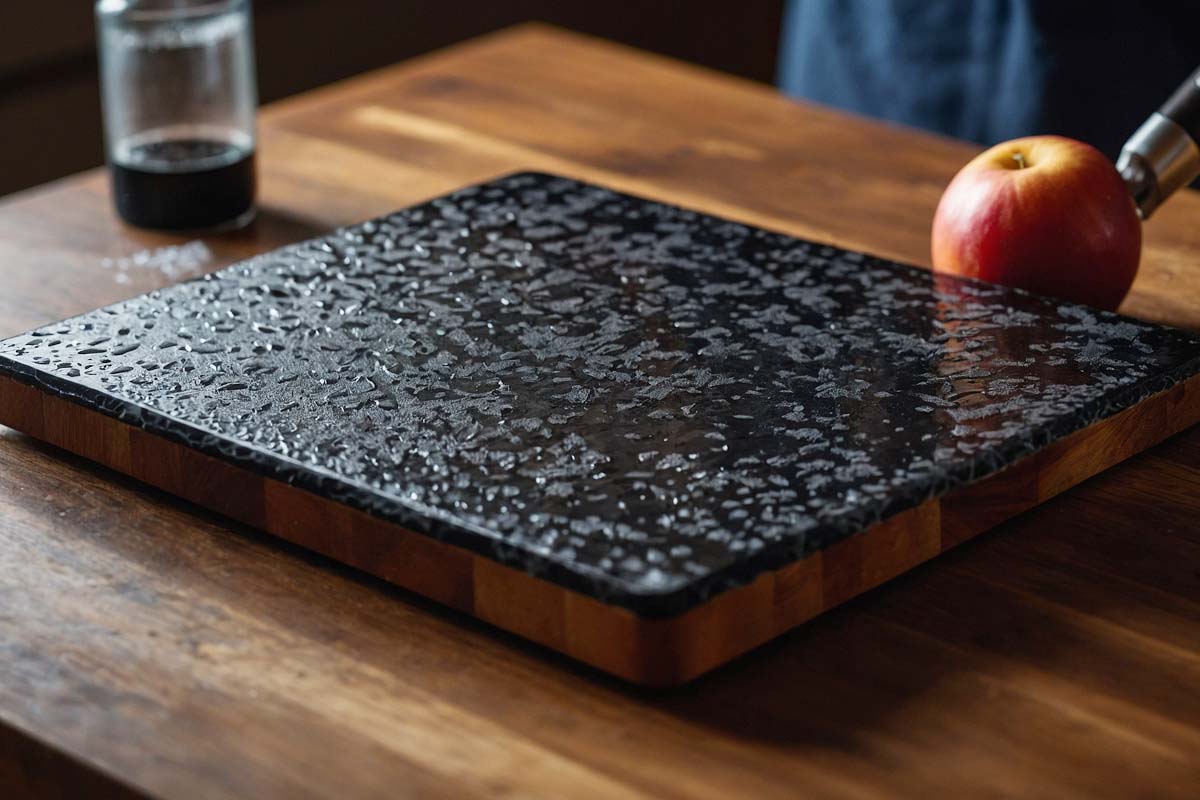 Cutting board with a damp towel underneath for stability