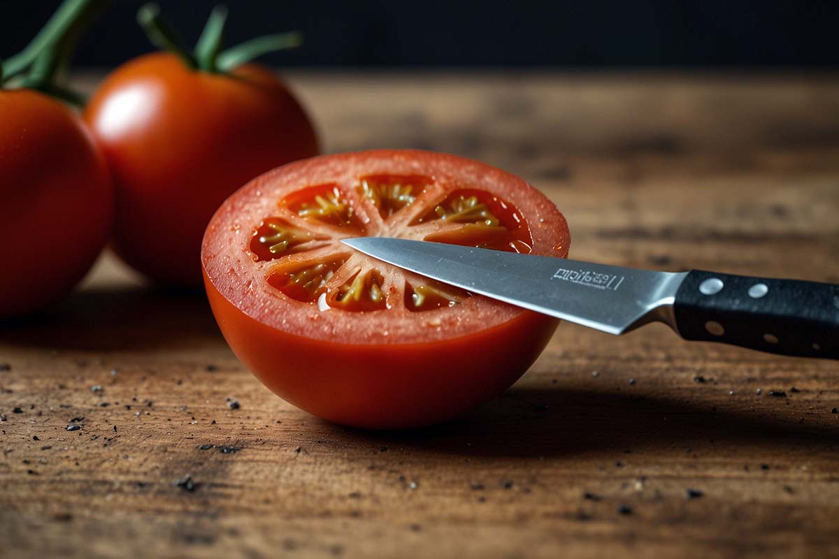 Dull knife struggling to cut through a tomato with jagged cuts