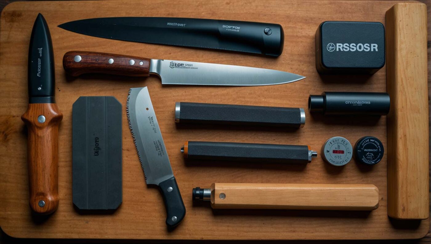 Various knife sharpening tools including whetstone, honing rod, and electric sharpener
