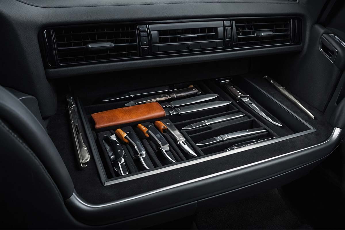 Secure knife storage box in a car glove compartment with various knives organized inside