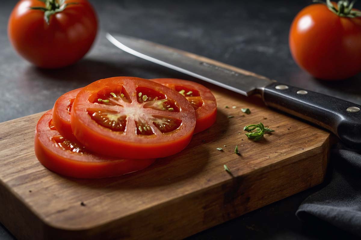 Sharp knife slicing cleanly through a tomato