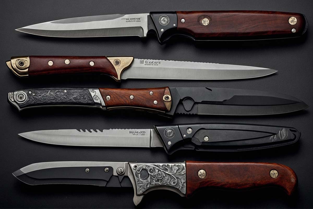 Assorted knife types including switchblade, fixed blade, and folding knife, highlighting legal distinctions