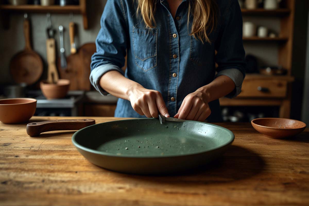 A women using the rough edge of a ceramic plate to sharpen a kitchen knife