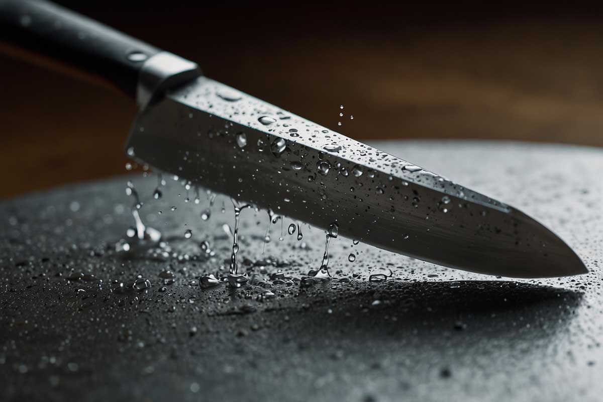 knife being wiped down with a cloth soaked in hydrogen peroxide