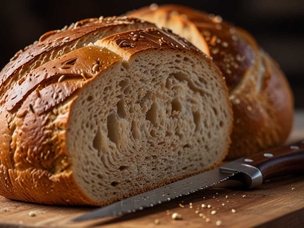 Bread knife slicing a crusty artisan loaf