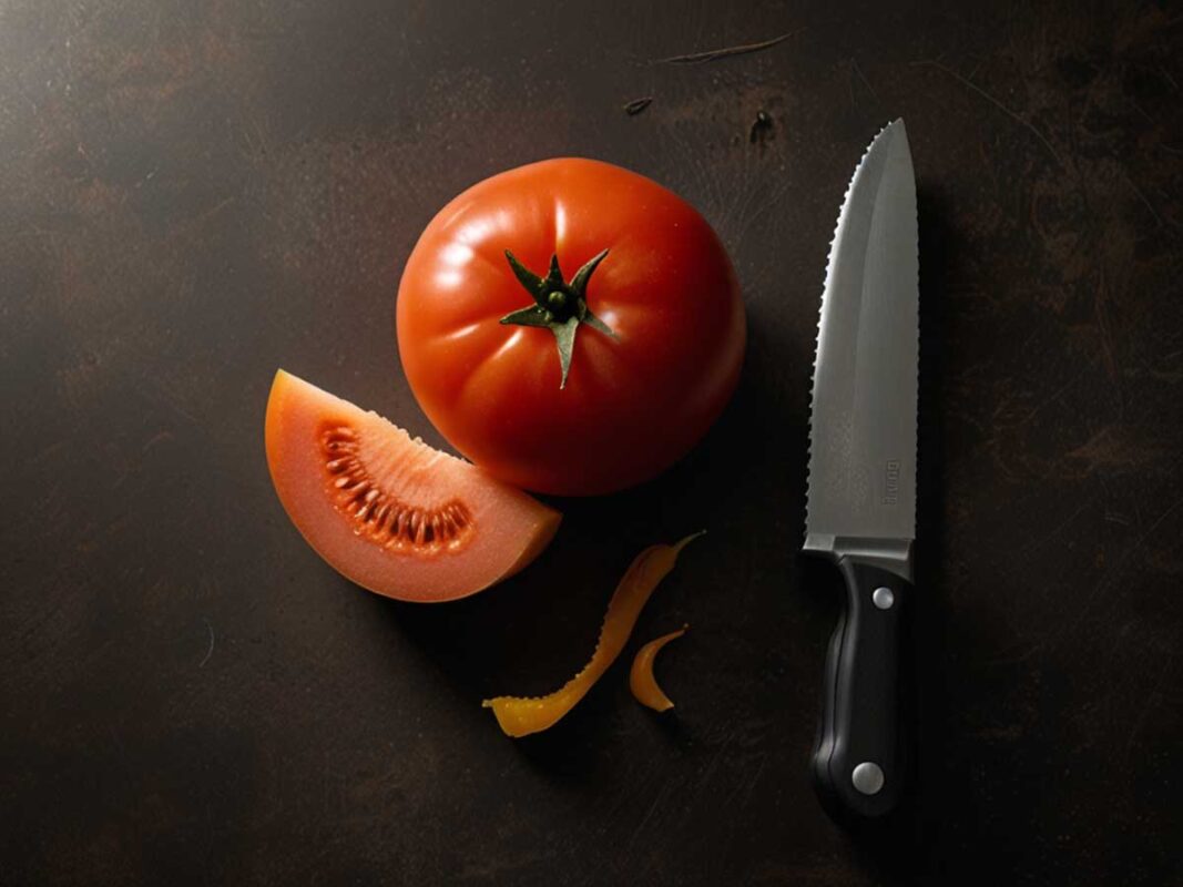 Bread knife slicing a tomato and a melon