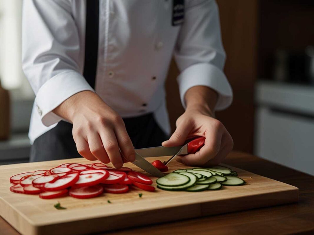 Chef using a tourne knife to create intricate vegetable garnishes