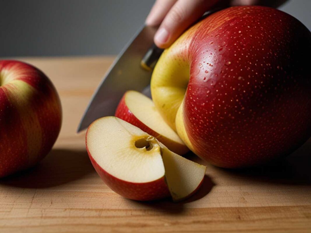 Using a tourne knife to peel an apple with a curved blade