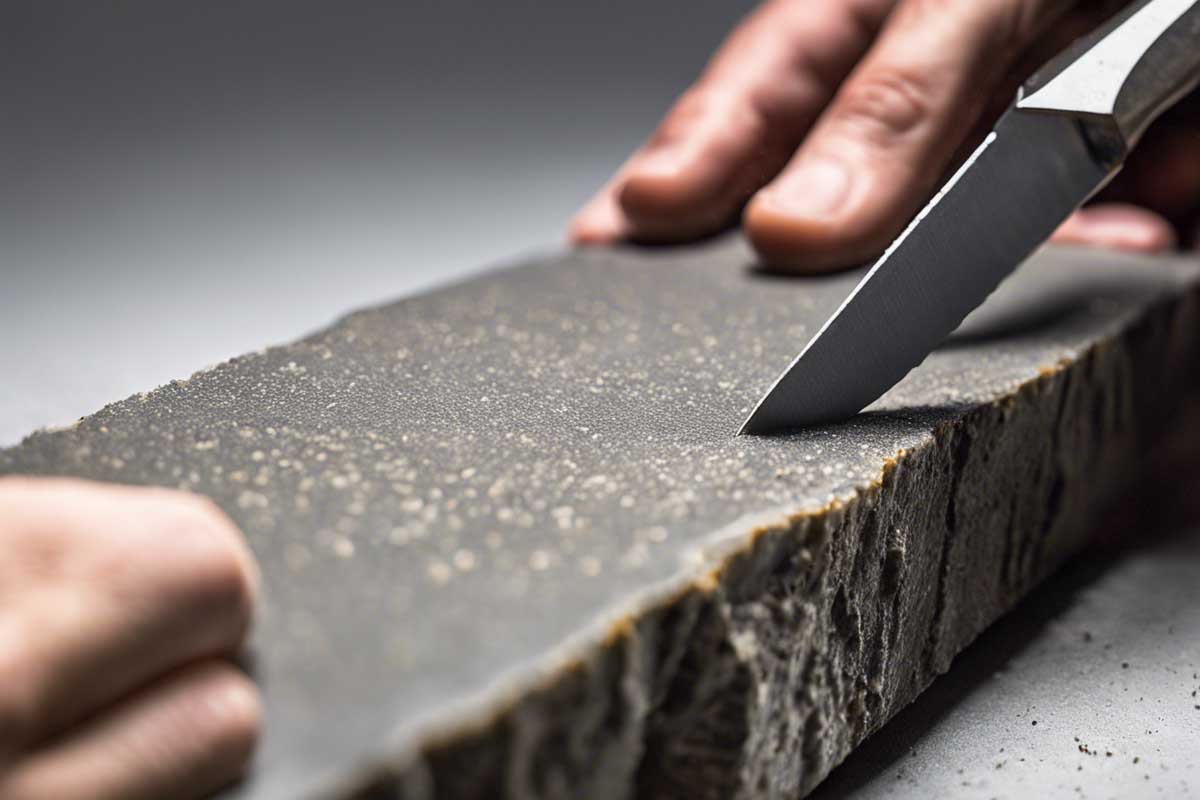 Knife with chipped edge being sharpened on a coarse grit stone.