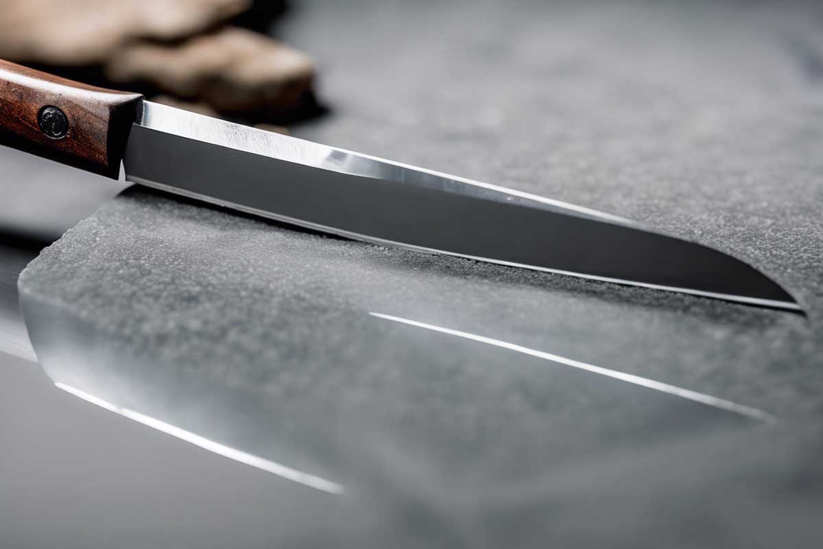 Knife with a mirror finish being sharpened on a superfine grit stone