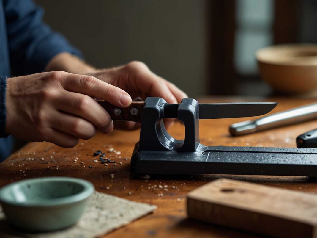 Professional sharpening a ceramic knife using specialized tools in an organized workspace.