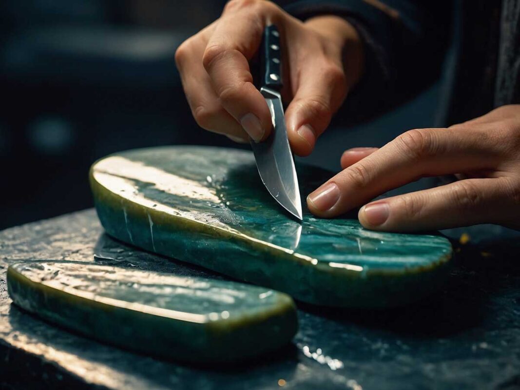 Person sharpening a ceramic knife on a diamond stone using gentle strokes