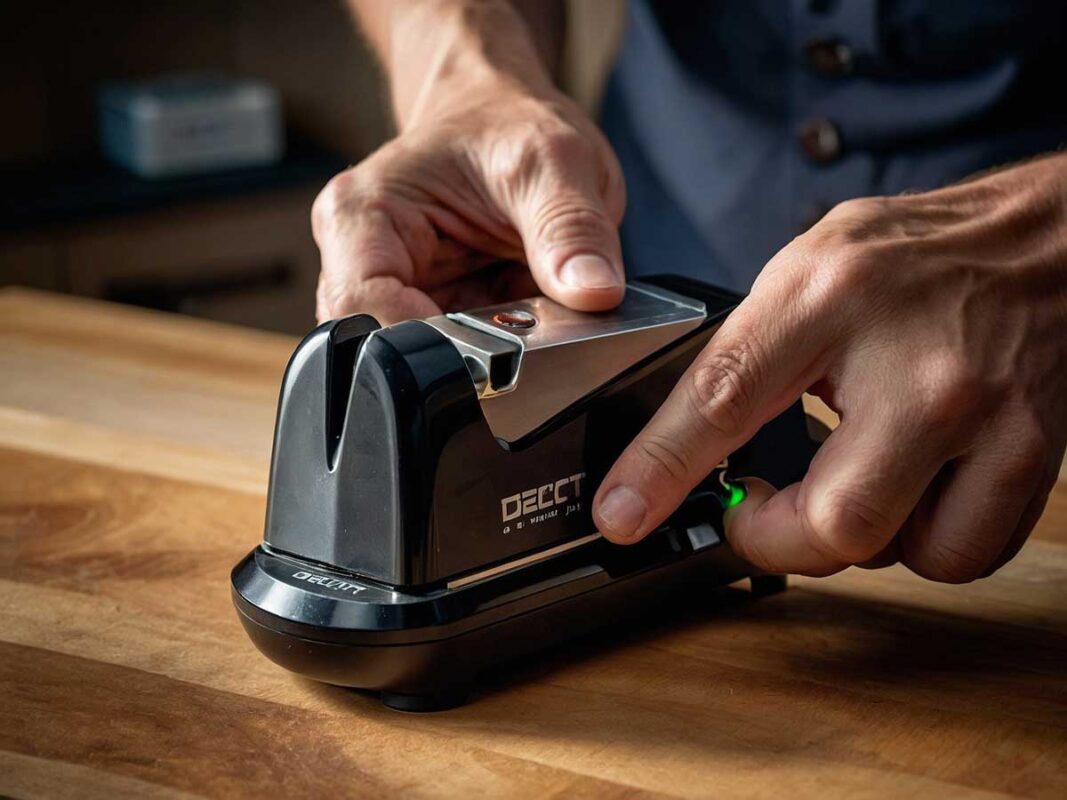 Person using an electric sharpener designed for ceramic knives